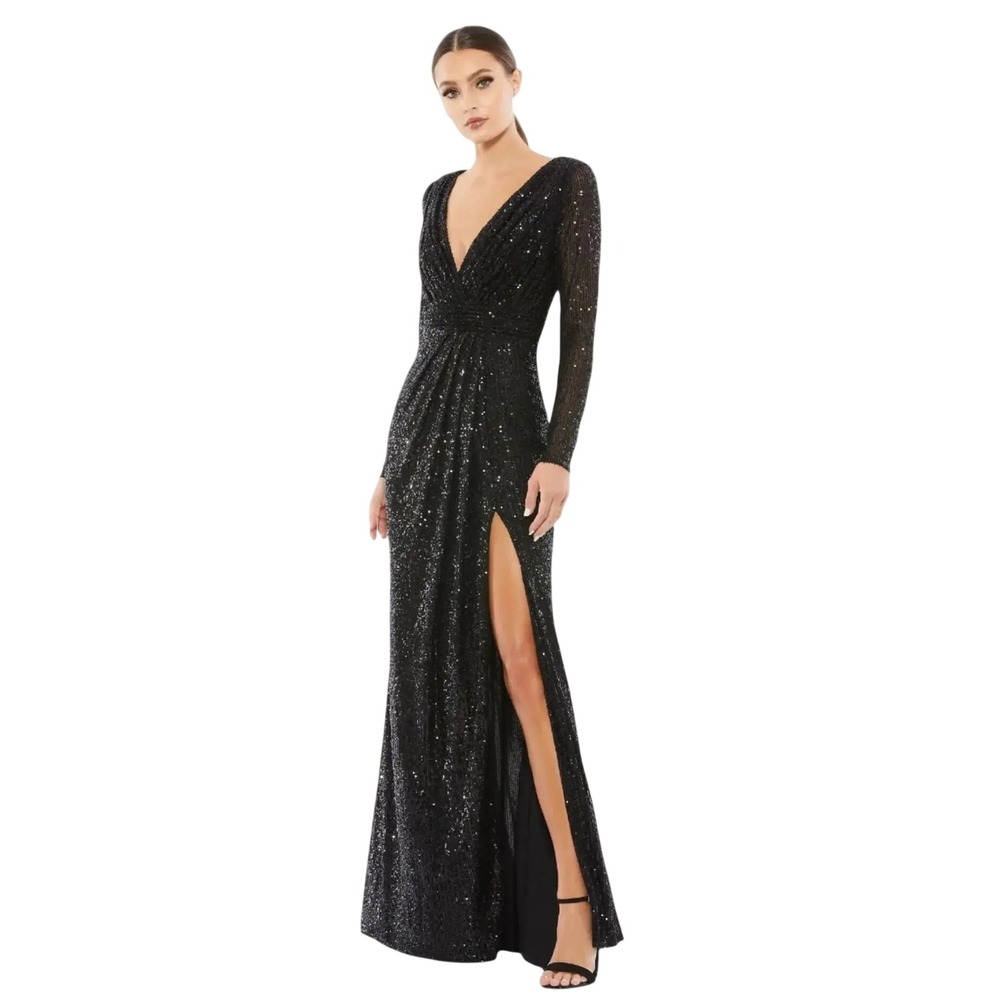 Mac Duggal 26395 Black Sequin Long Sleeve V-Neck Gown Formal Evening Dress